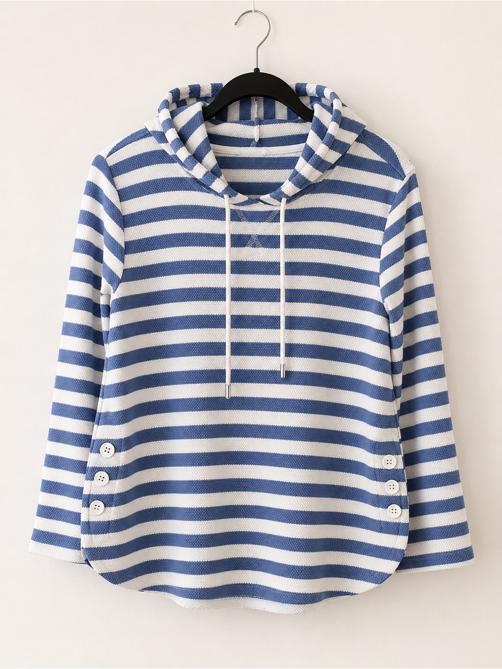 Tribal Cotton Stretch Blue White Striped Cowl Neck Hoodie Button Detail Medium